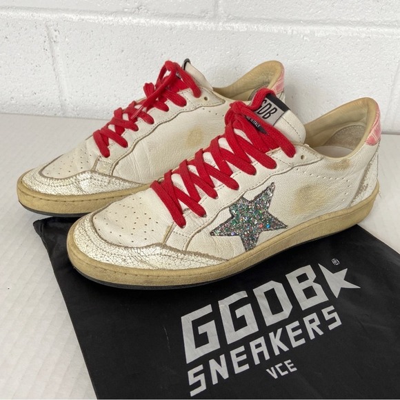 Golden Goose Shoes - Golden Goose Ball Star White Sneakers Rhinestone Glitter Star Red Lace Womens 38